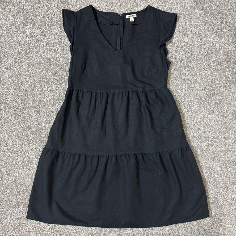 Goodthreads Dress Womens Small Black Linen Blend Tiered V Neck Sundress Pockets